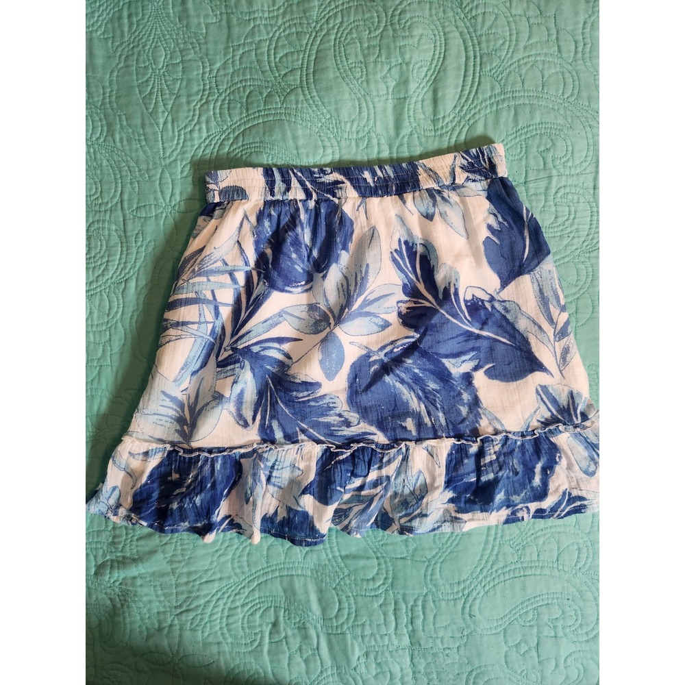 Christian Siriano New York Blue White Tropical‎ Leaf Ruffle Mini Skirt Small